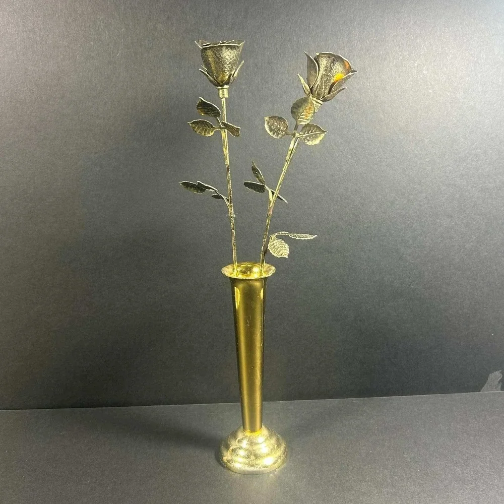 Mann Brass Bud Vase Gold Metal Roses Vintage 1977 Korea Decor Set 11in